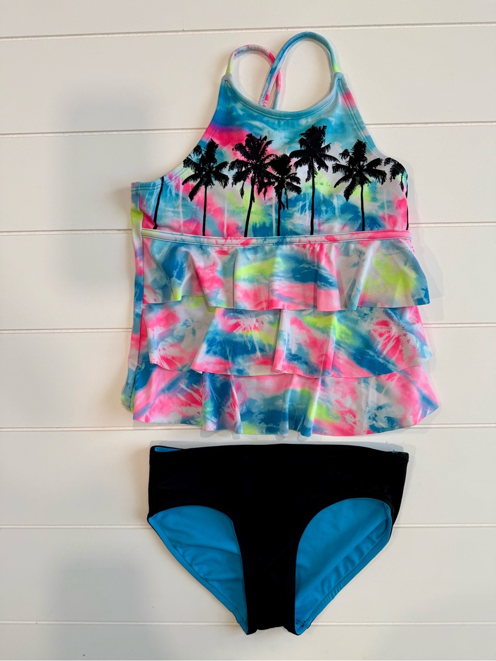 Justice Girls Neon Tie-Dye Ruffle Tankini Set - Blue, Pink, Black